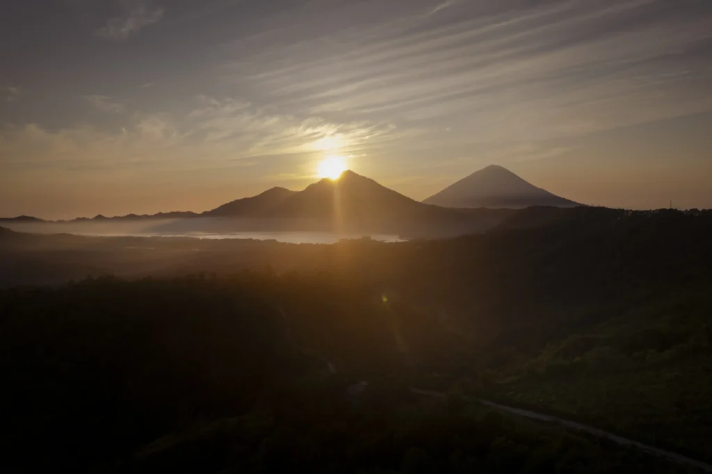 The volcanic highlands of Bali, home to the coffee origins that define Bali Origins’ premium Indonesian beans.